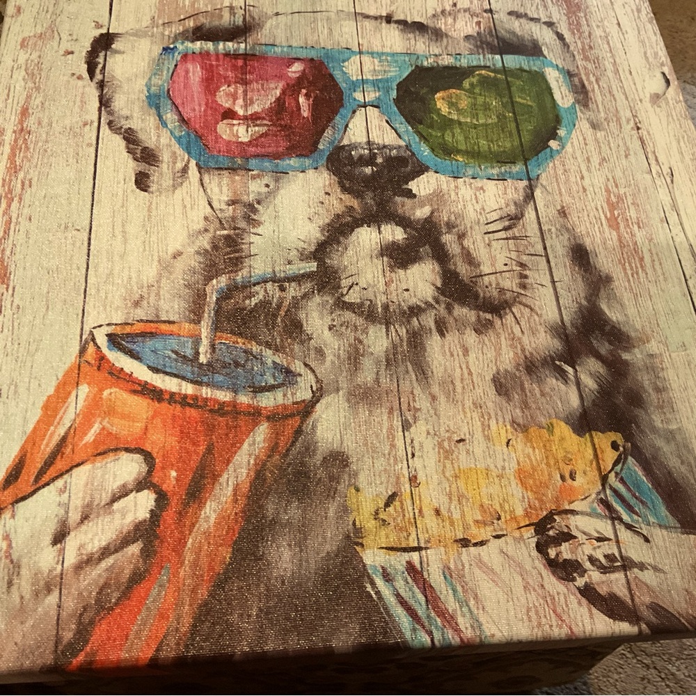 CANVAS WALL ART WORK.DOG WITH 3-D GLASSES & POPCORN. FRAMED 15 x15.NEW X/O TAGS